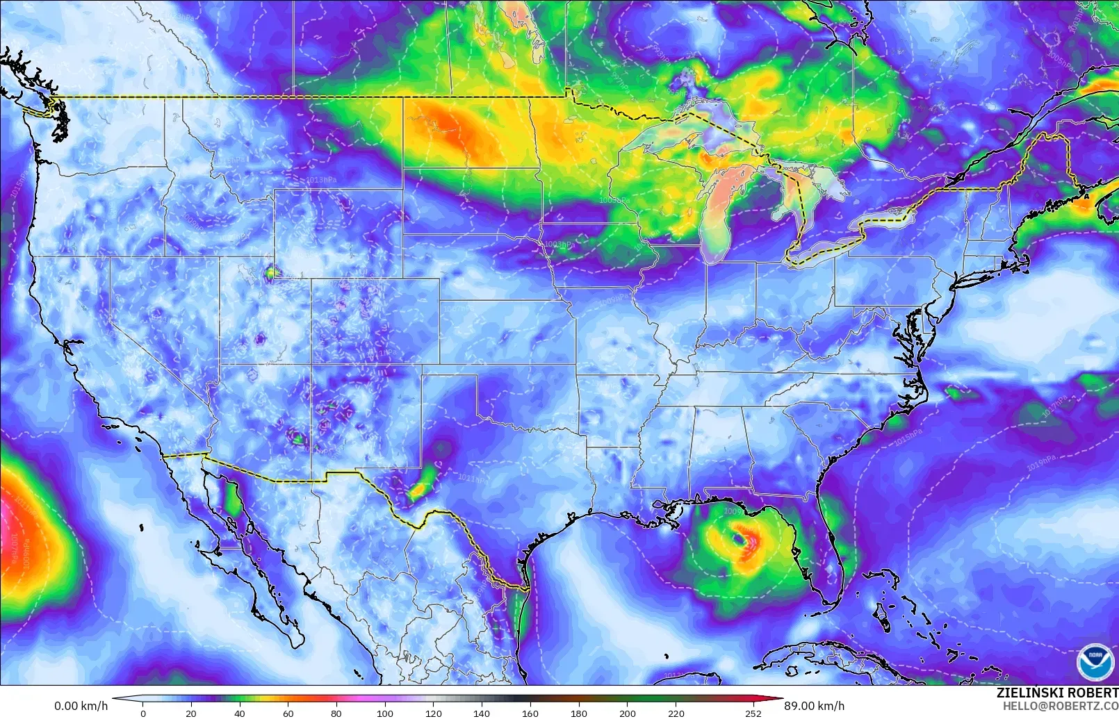 GFS model - United States, Wind Gusts