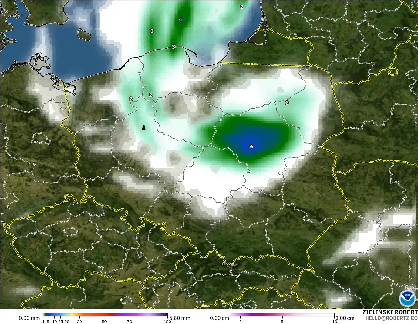 GFS model - Poland, Precipitation, Clouds, and Pressure