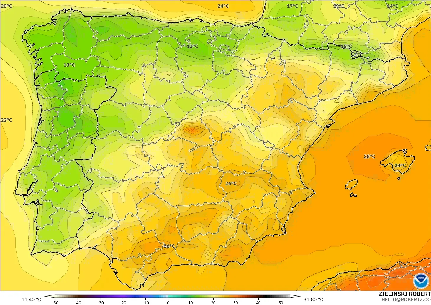 GFS model - Spain, Temperature at 2m