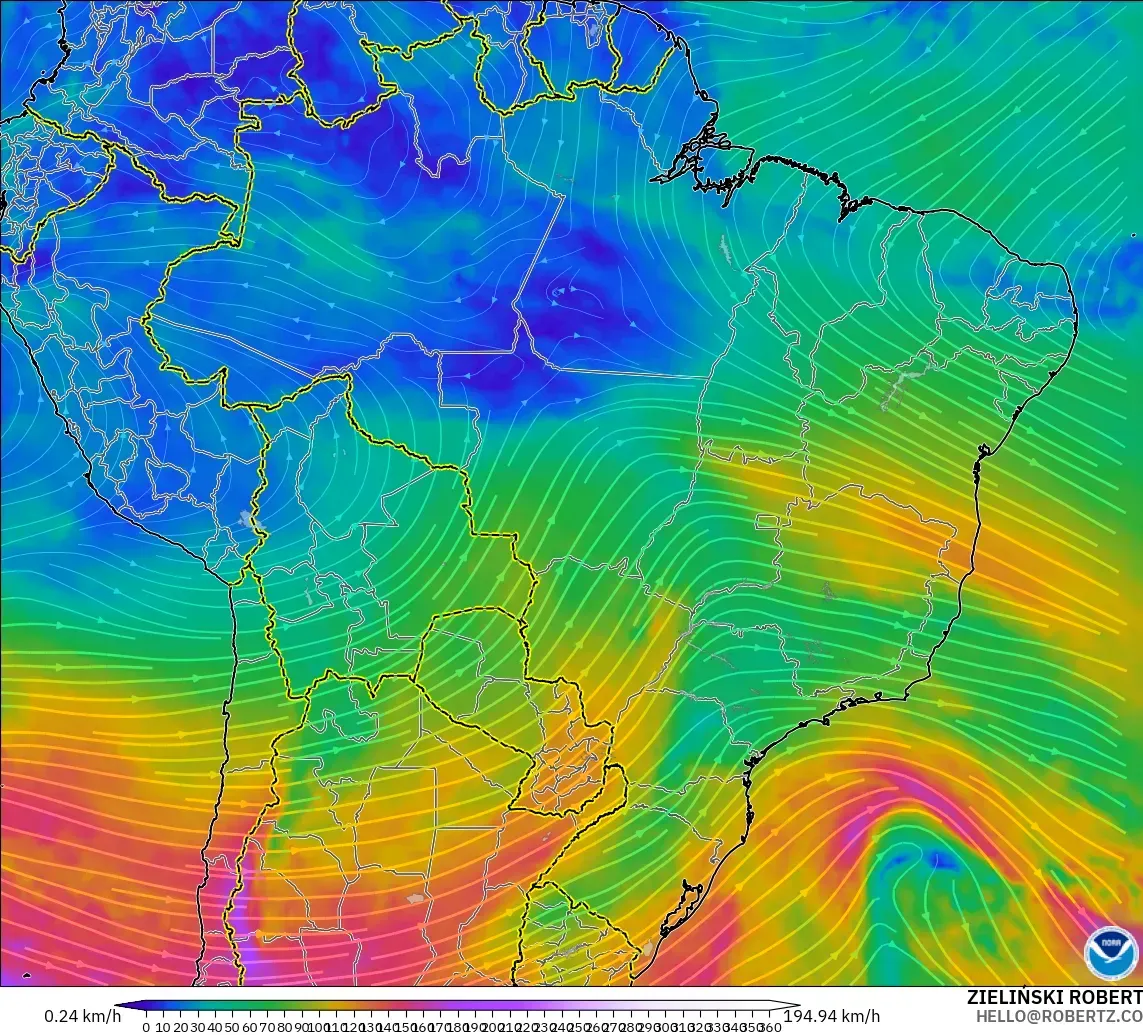 GFS model - Brazil, Wind at 300hPa (jet stream)