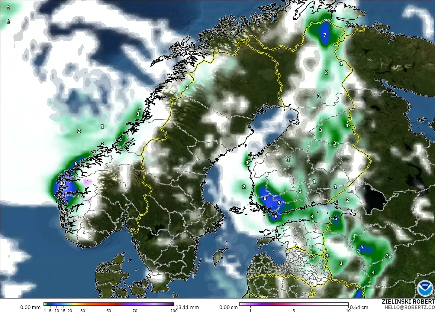 GFS model - Scandinavia, Precipitation, Clouds, and Pressure