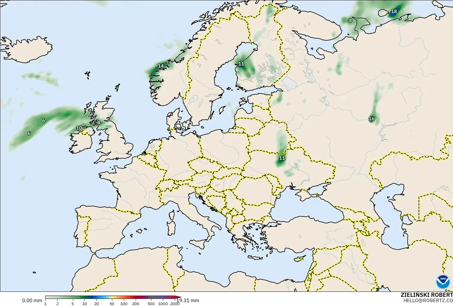 GFS model - Europe, Precipitation Accumulation