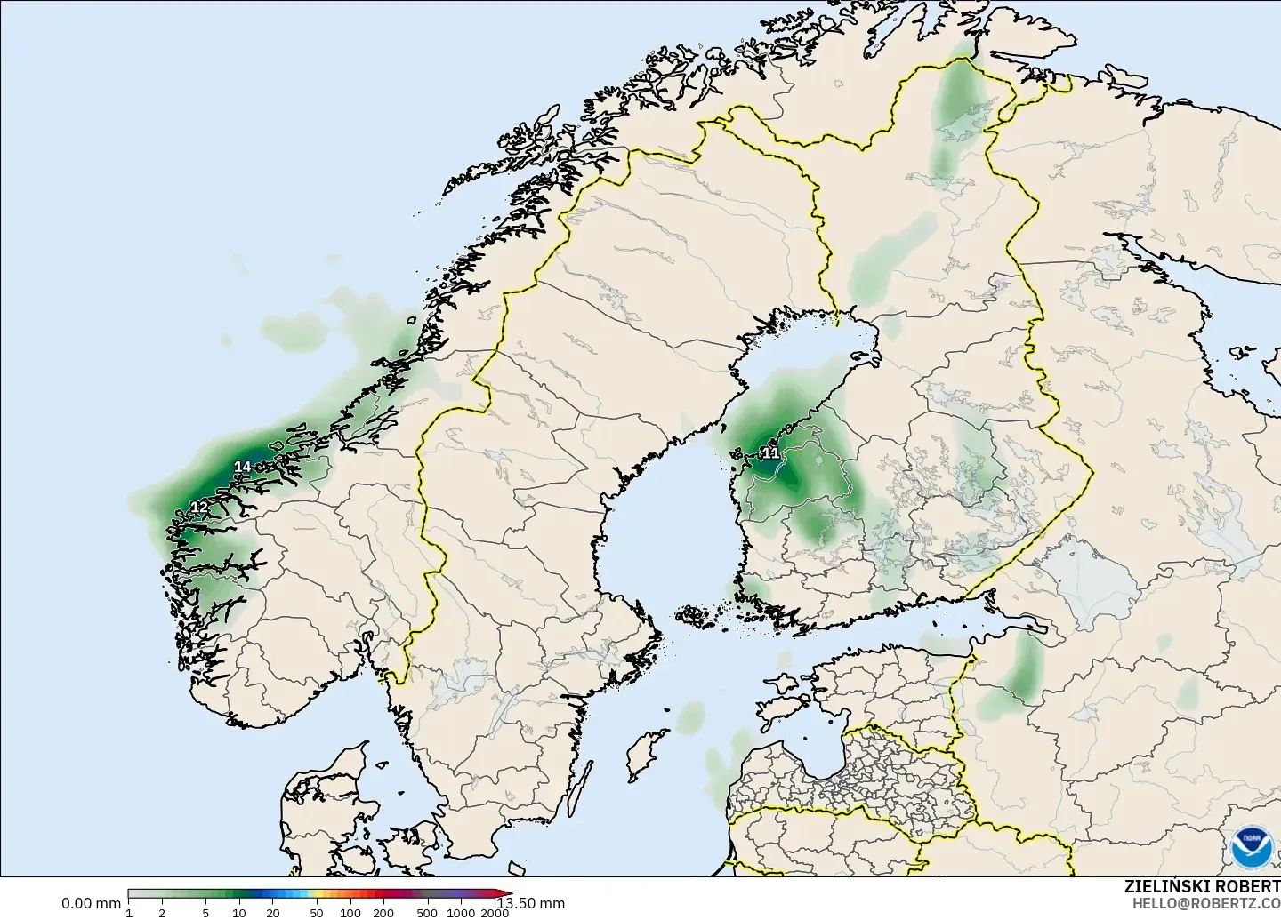 GFS model - Scandinavia, Precipitation Accumulation