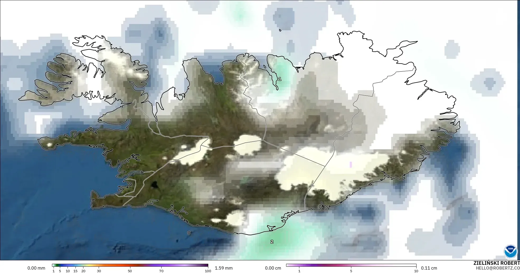 GFS model - Iceland, Precipitation, Clouds, and Pressure