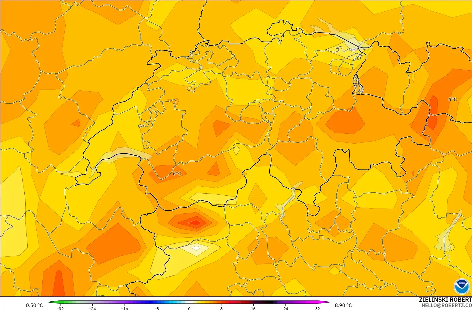 GFS model - Switzerland, Temperature at 2m Anomaly