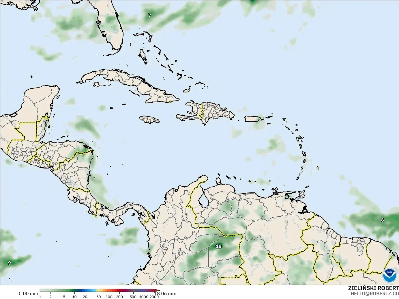 GFS model - Caribbean, Precipitation Accumulation
