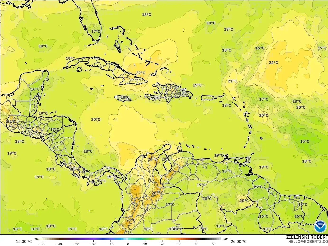 GFS model - Caribbean, Temperature at 850hPa