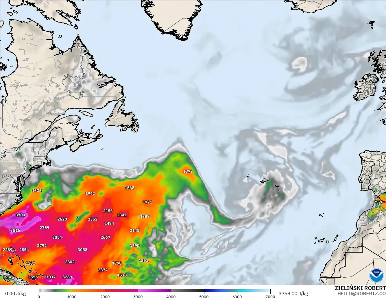GFS model - North Atlantic, CAPE