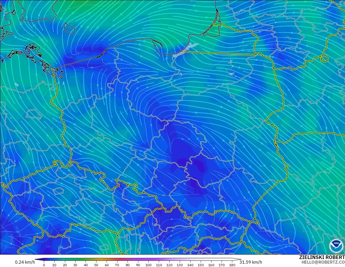 GFS model - Poland, Wind at 10m