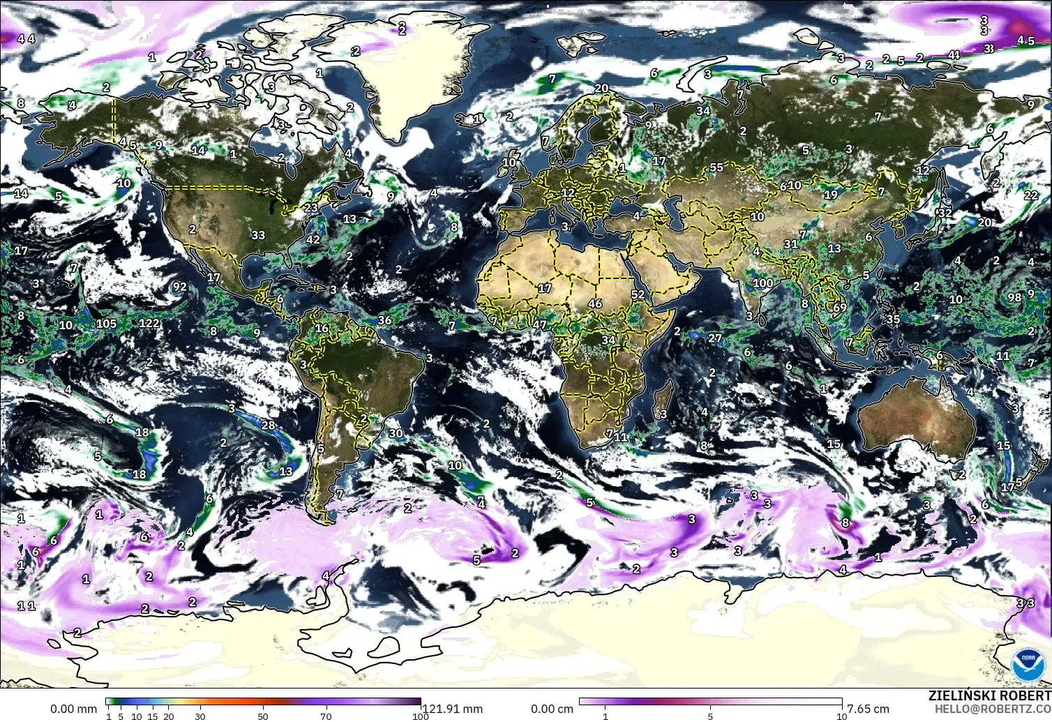 GFS model - World, Precipitation, Clouds, and Pressure