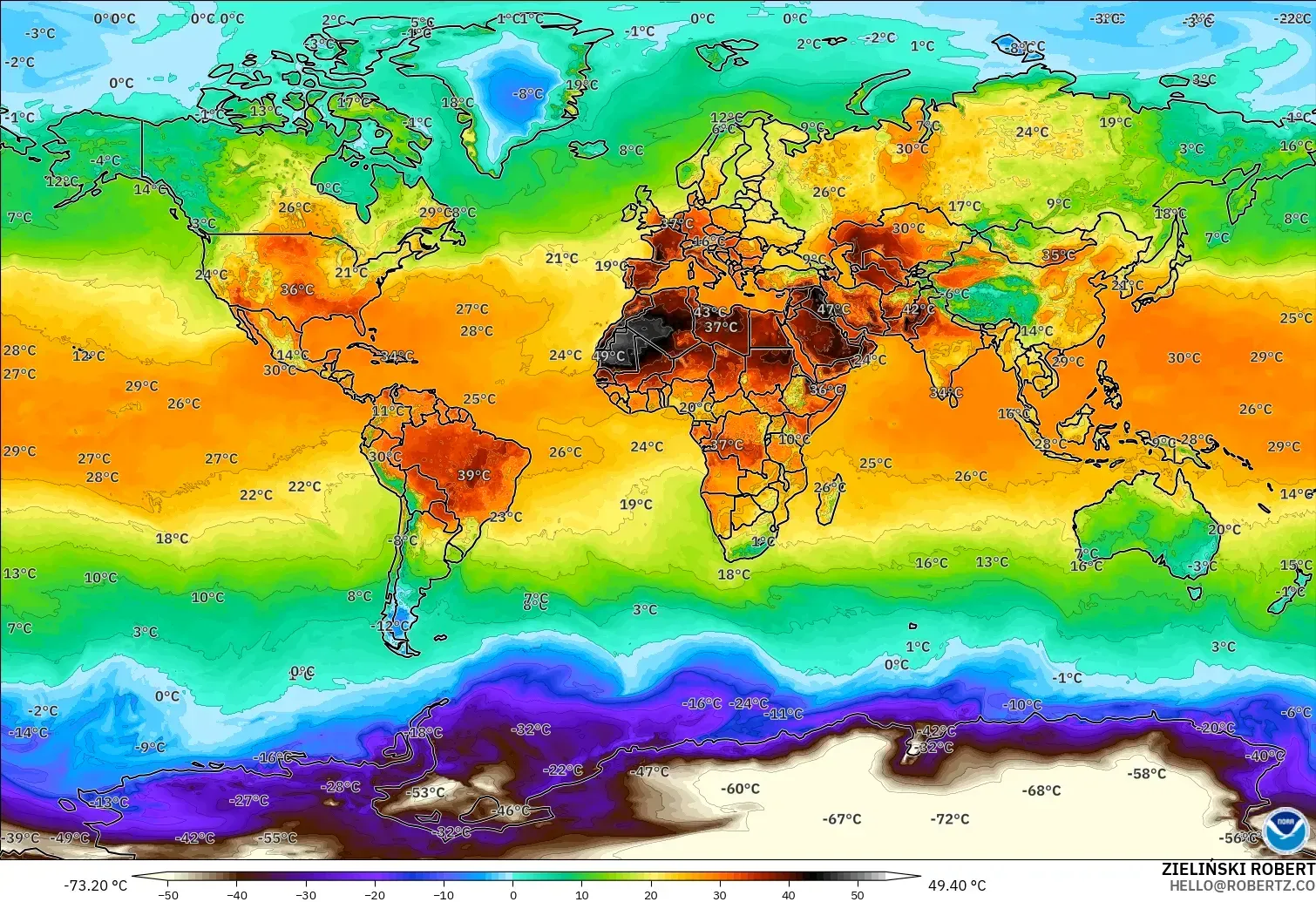 GFS model - World, Temperature at 2m