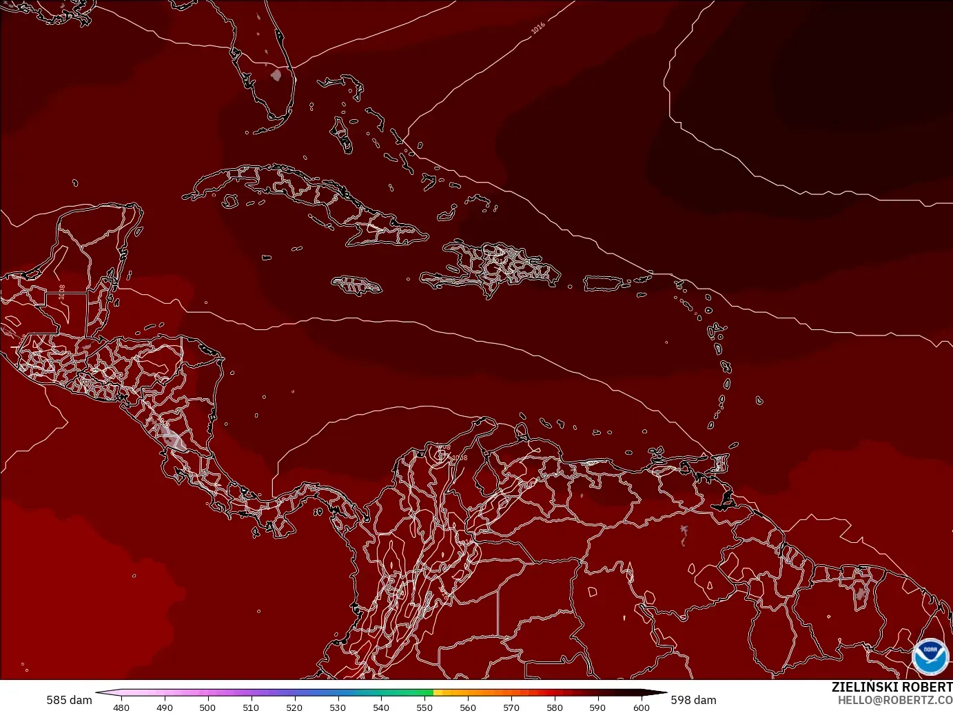 GFS model - Caribbean, Geopotential height at 500hPa