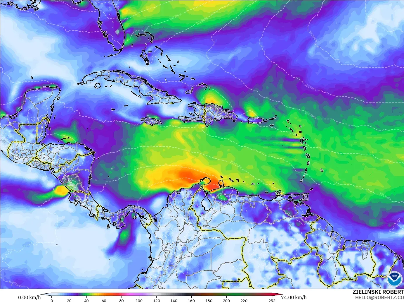 GFS model - Caribbean, Wind Gusts Peak