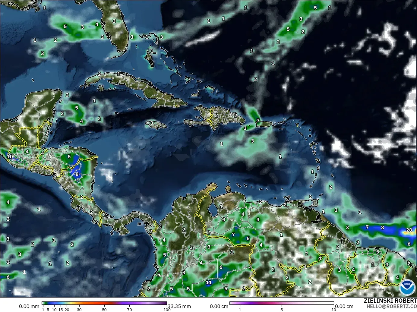 GFS model - Caribbean, Precipitation, Clouds, and Pressure