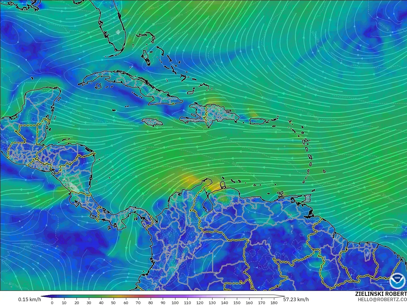 GFS model - Caribbean, Wind at 10m