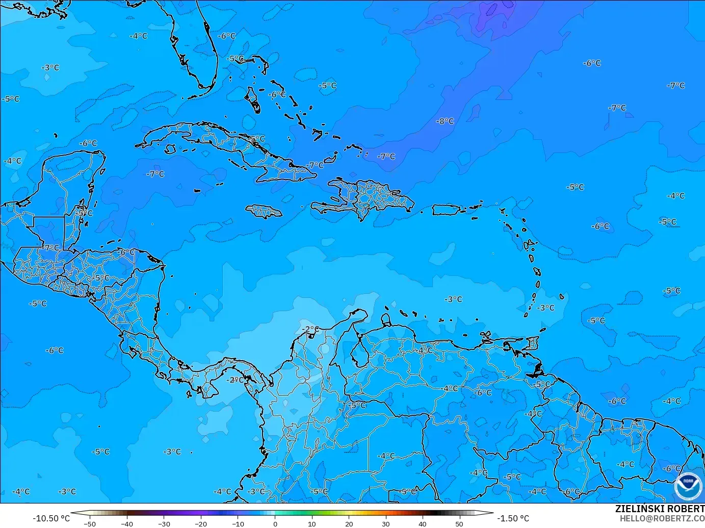 GFS model - Caribbean, Temperature at 500hPa