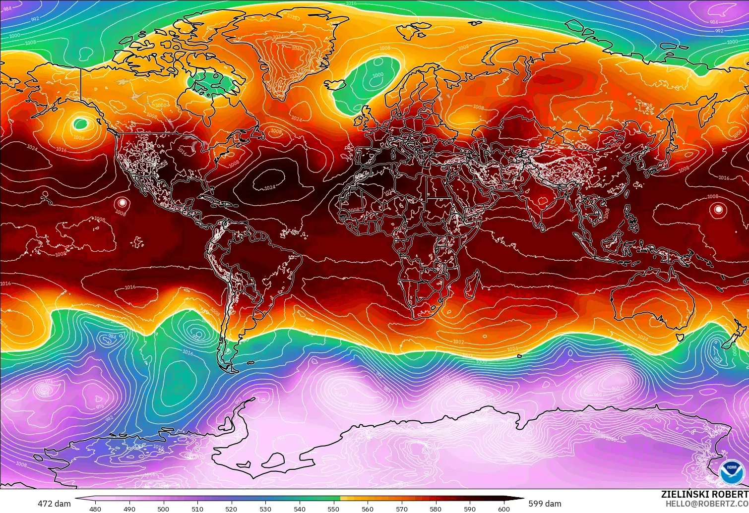 GFS model - World, Geopotential height at 500hPa