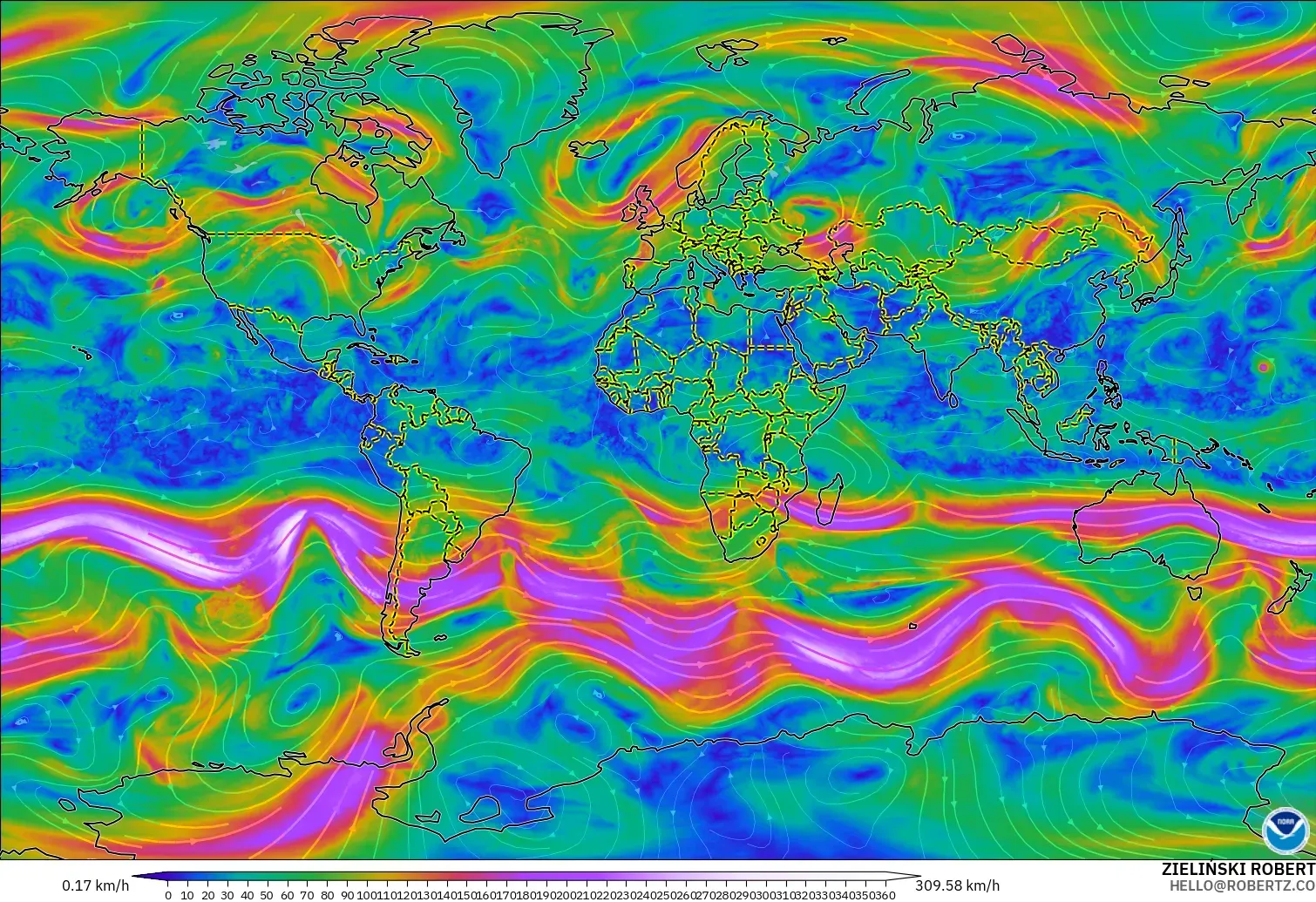 GFS model - World, Wind at 300hPa (jet stream)