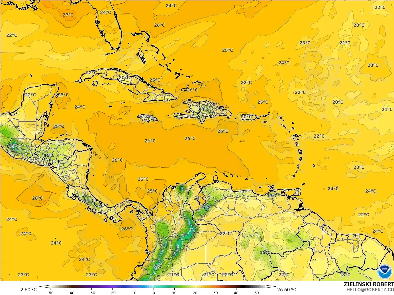 GFS model - Caribbean, Dewpoint at 2m