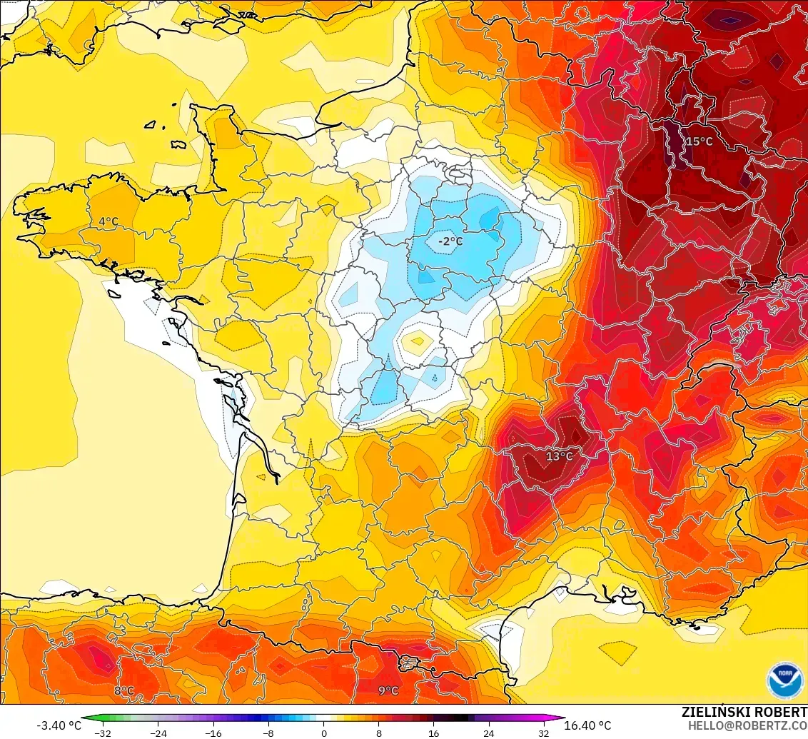 GFS model - France, Temperature at 2m Anomaly