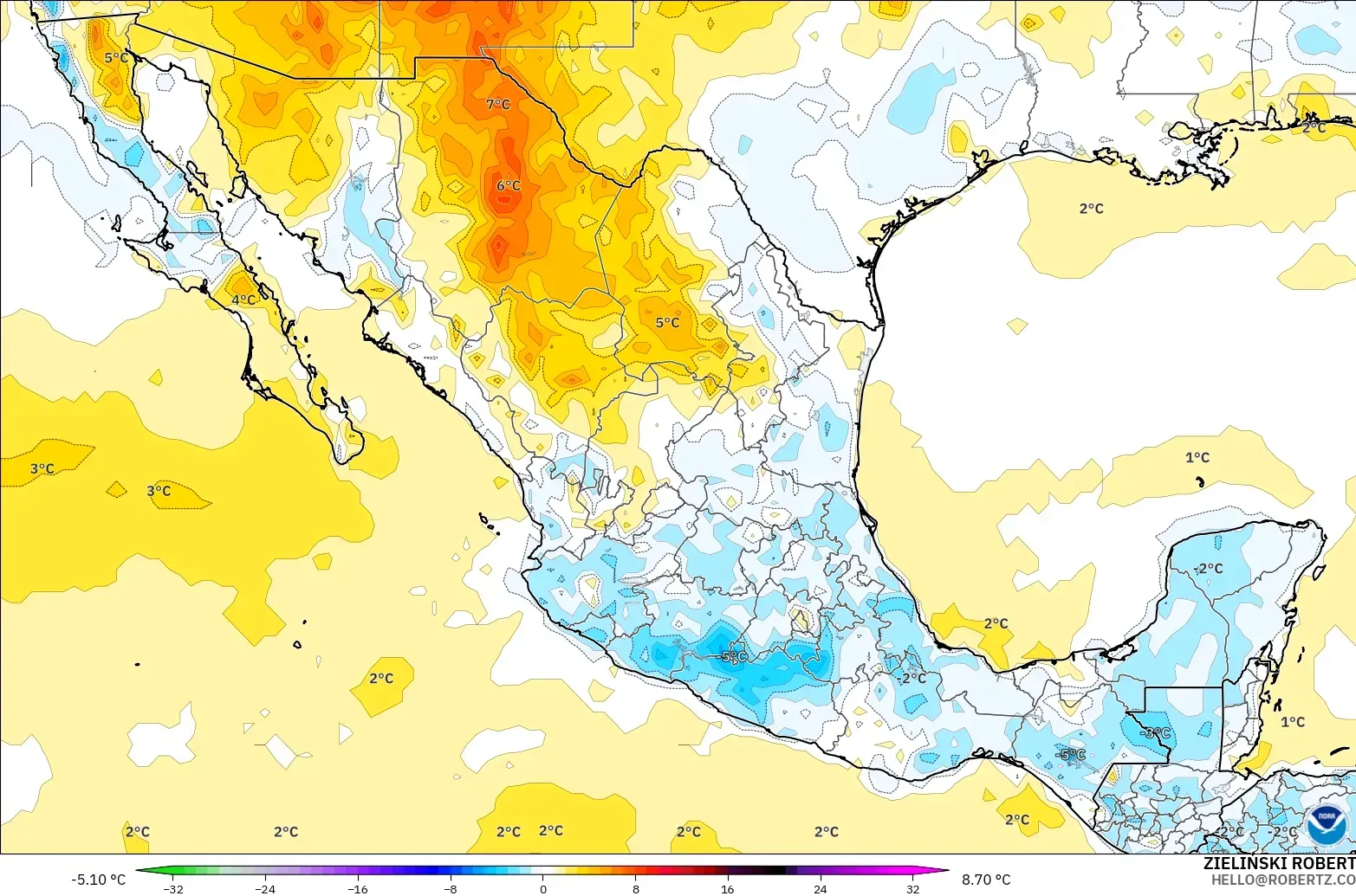 GFS model - Mexico, Temperature at 2m Anomaly