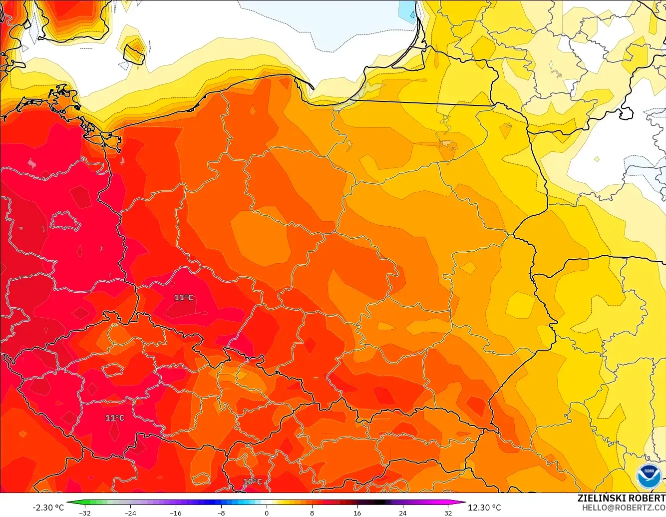 GFS model - Poland, Temperature at 2m Anomaly