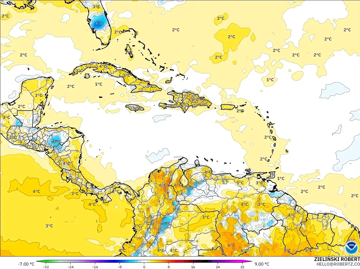 GFS model - Caribbean, Temperature at 2m Anomaly