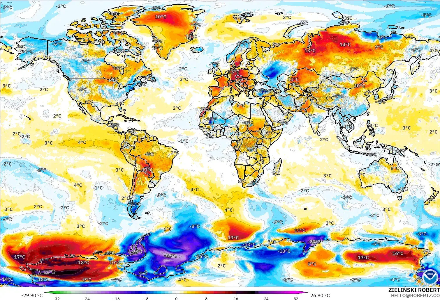 GFS model - World, Temperature at 2m Anomaly