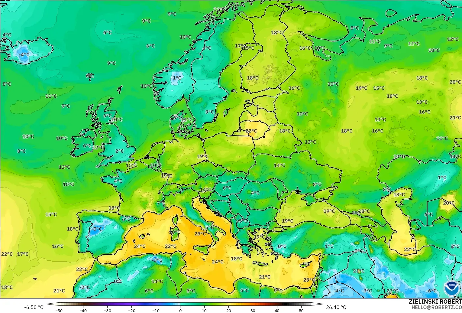 GFS model - Europe, Dewpoint at 2m