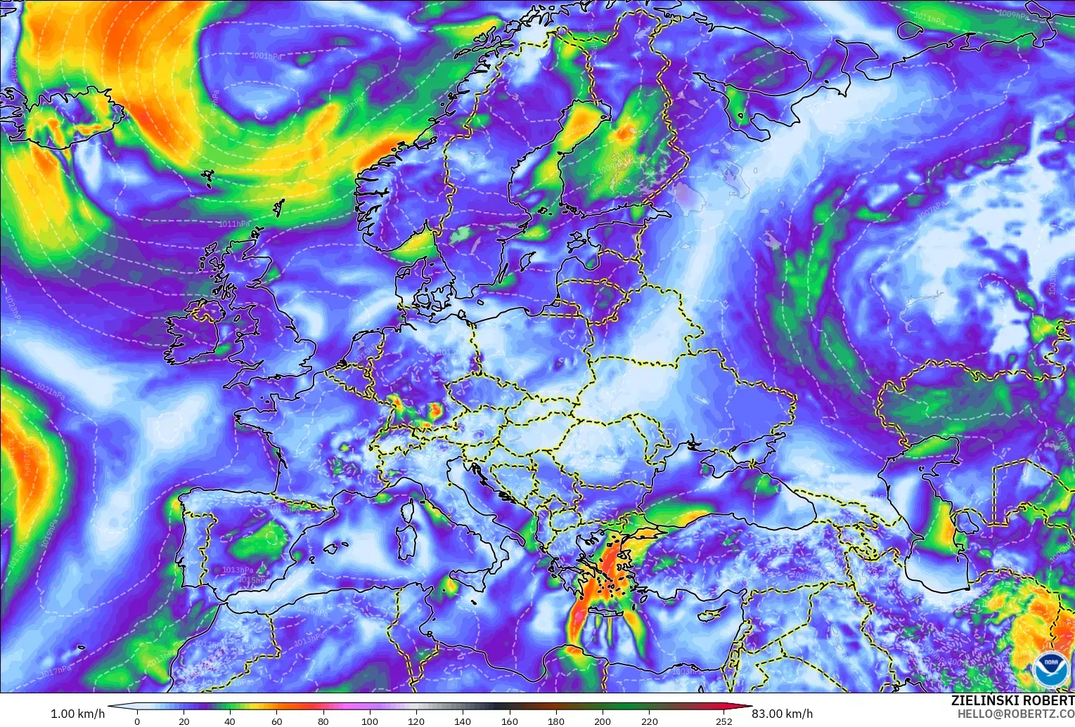 GFS model - Europe, Wind Gusts