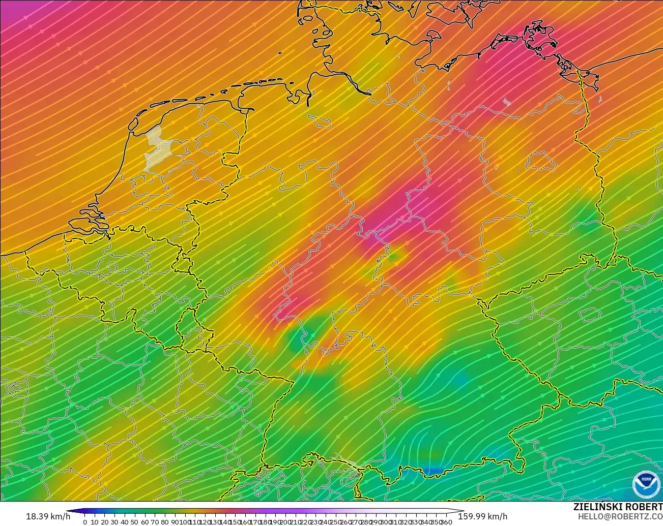 GFS model - Germany, Wind at 300hPa (jet stream)
