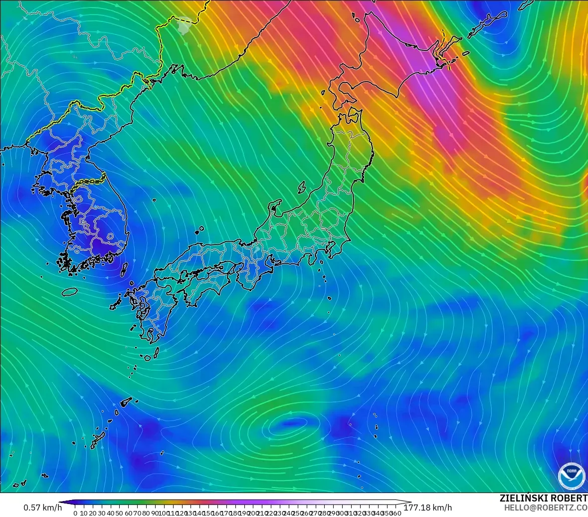 GFS model - Japan, Wind at 300hPa (jet stream)