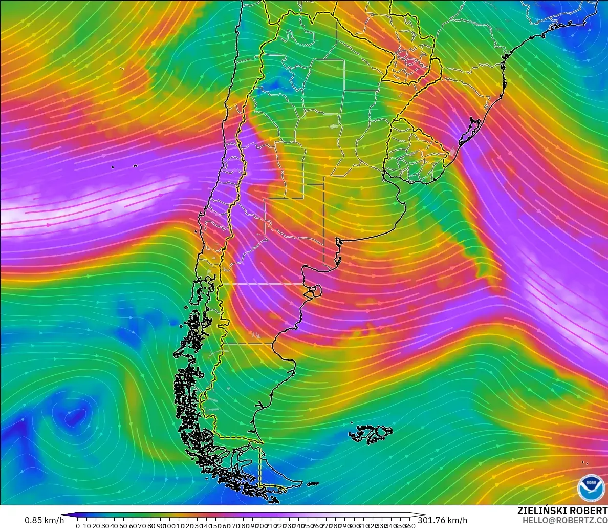 GFS model - Argentina, Wind at 300hPa (jet stream)