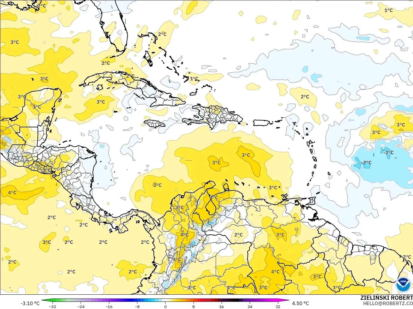 GFS model - Caribbean, Temperature at 850hPa Anomaly