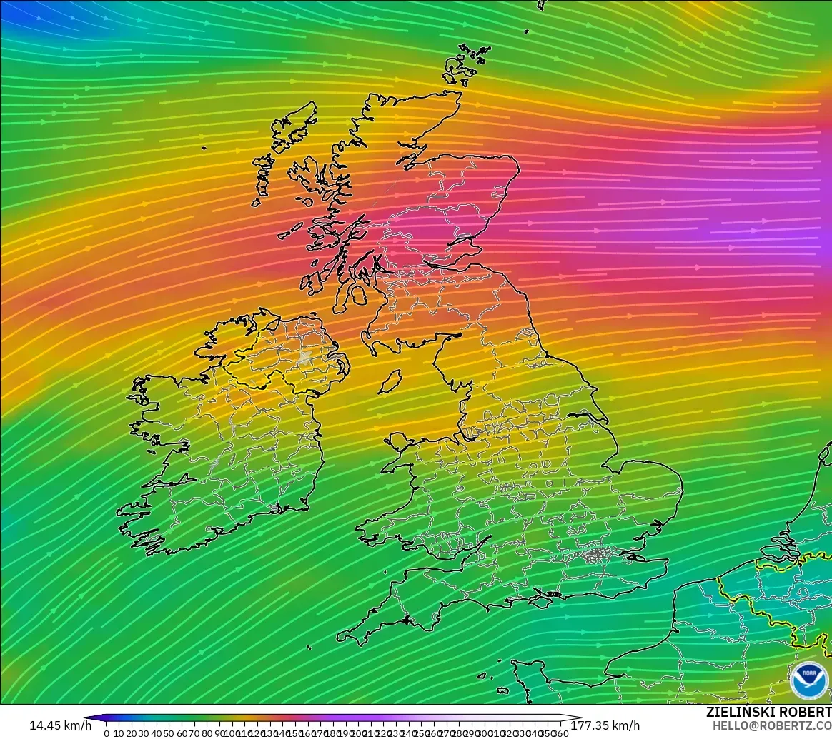 GFS model - United Kingdom, Wind at 300hPa (jet stream)