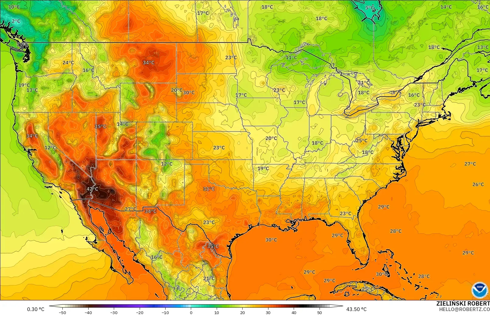 GFS model - United States, Temperature at 2m