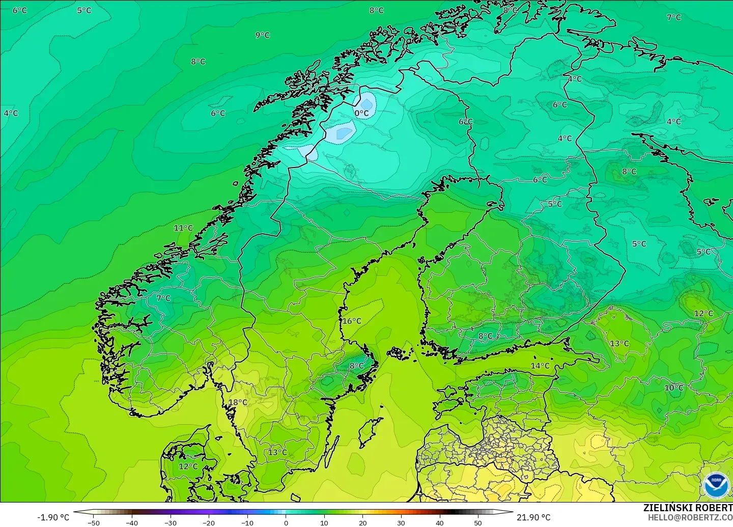 GFS model - Scandinavia, Dewpoint at 2m