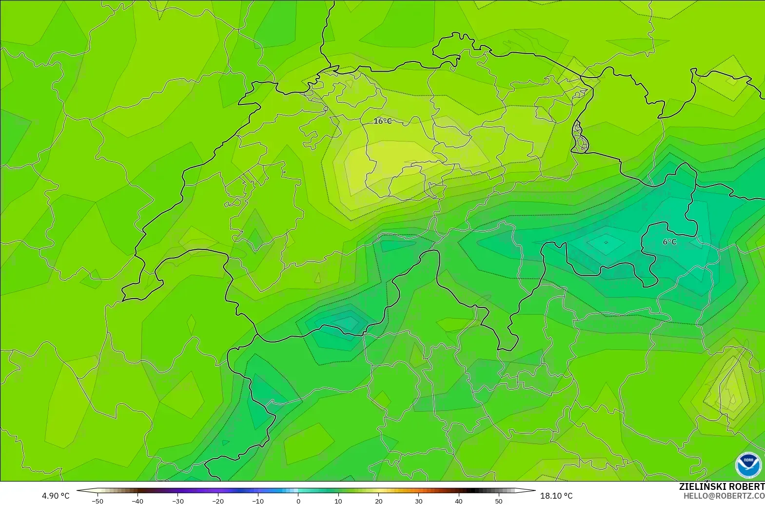 GFS model - Switzerland, Dewpoint at 2m