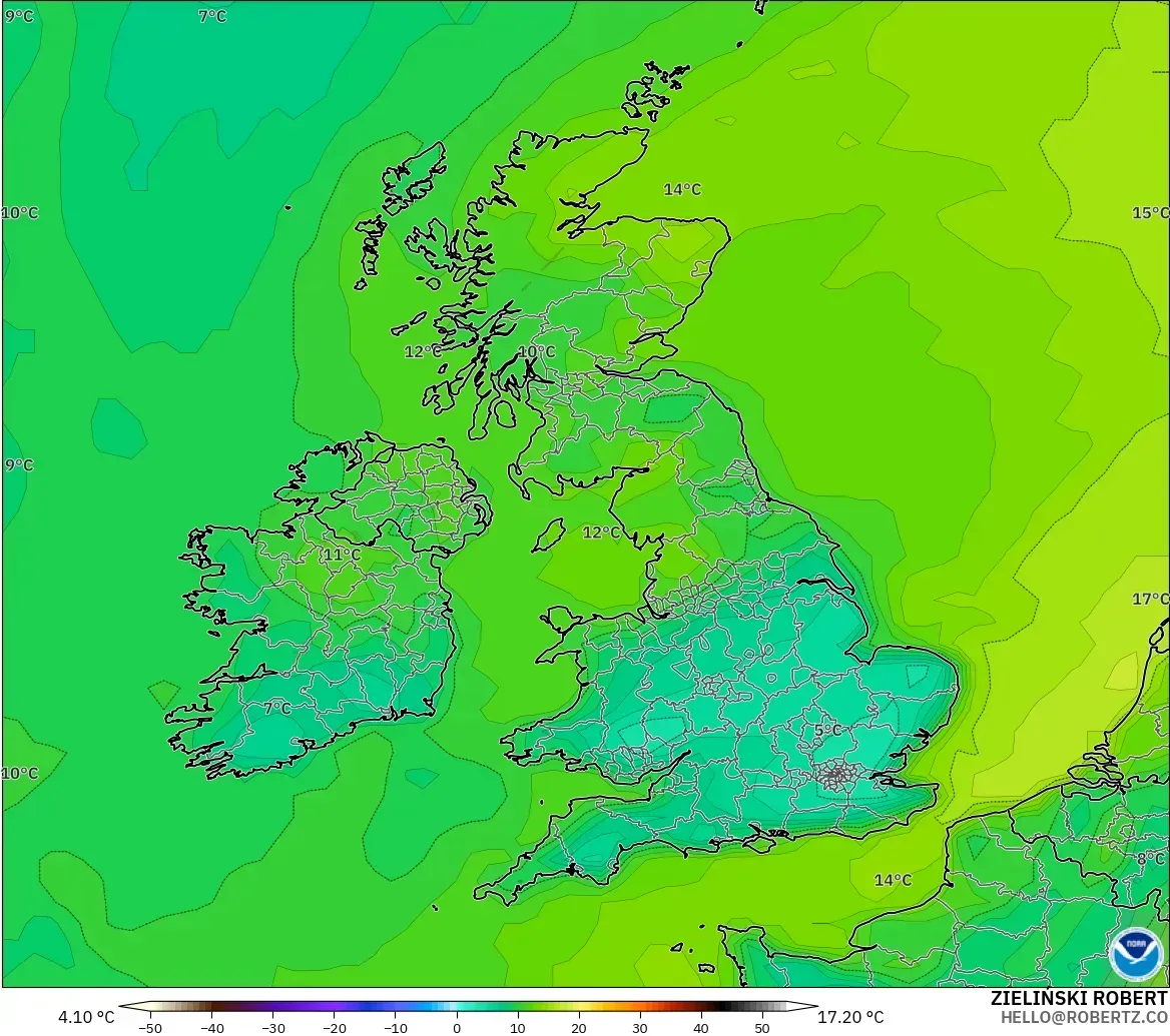 GFS model - United Kingdom, Dewpoint at 2m
