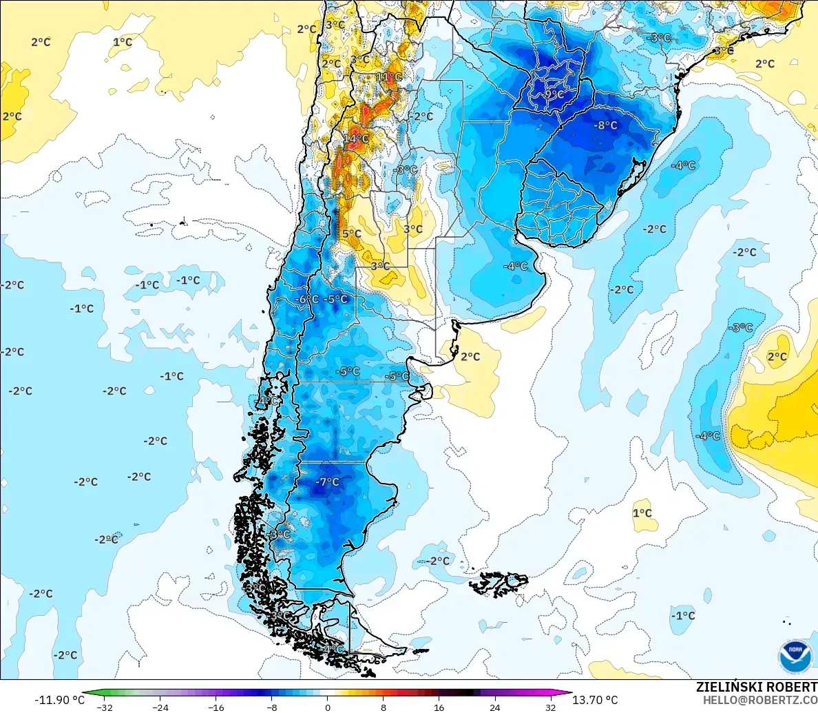 GFS model - Argentina, Temperature at 2m Anomaly