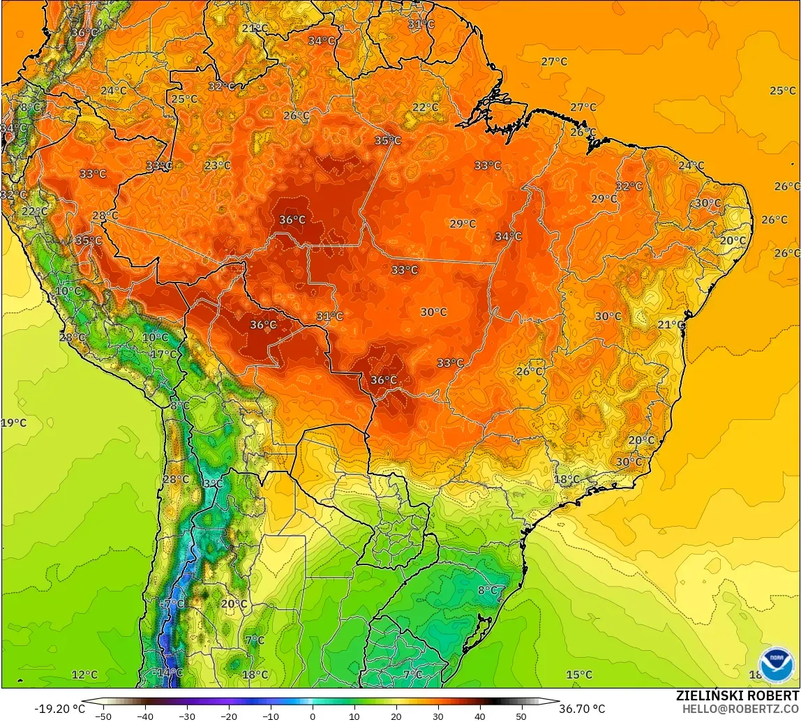 GFS model - Brazil, Temperature at 2m