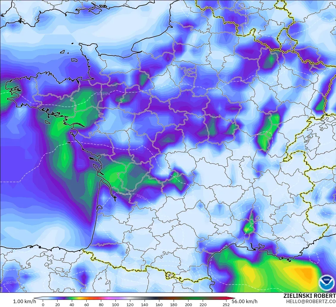 GFS model - France, Wind Gusts