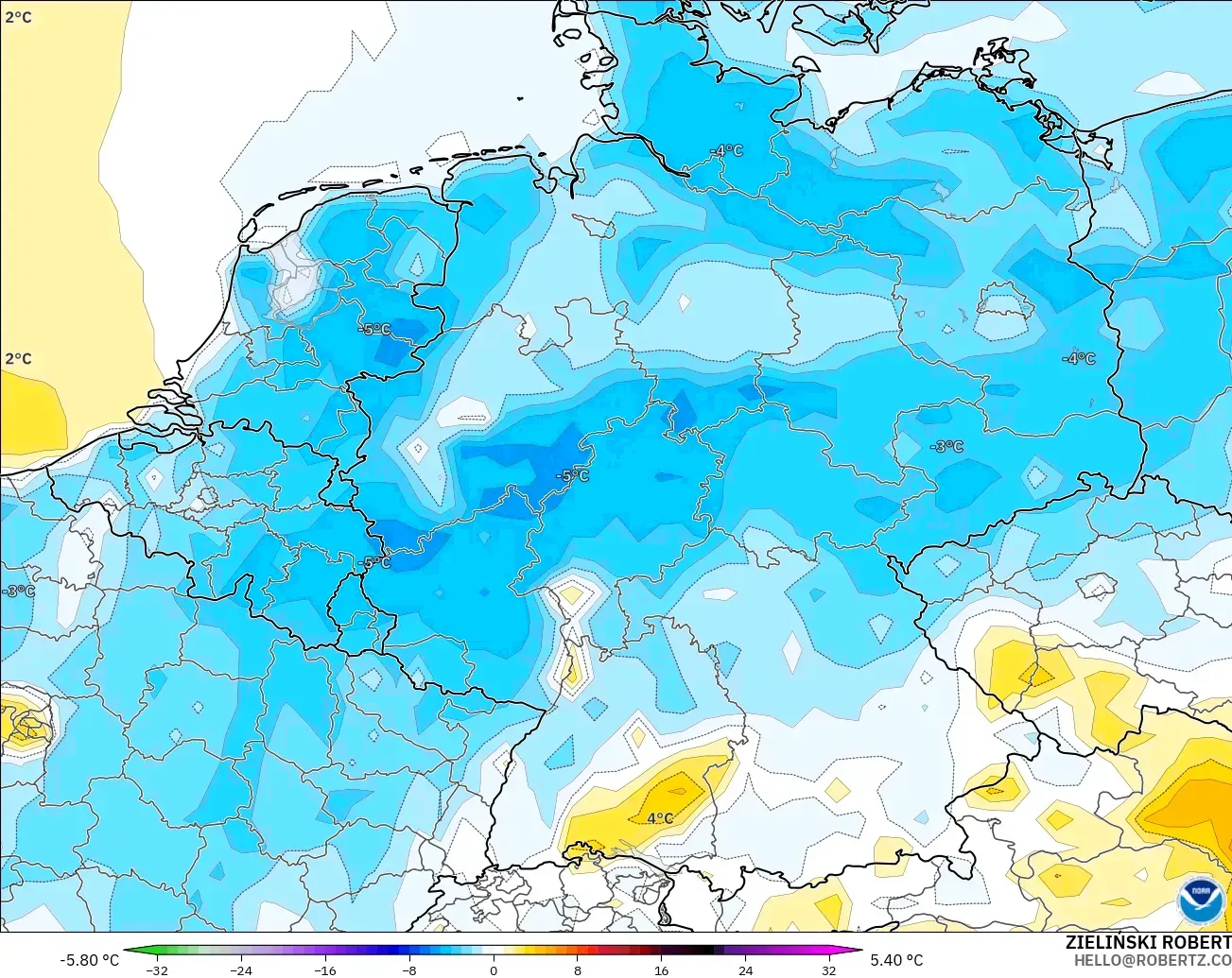 GFS model - Germany, Temperature at 2m Anomaly