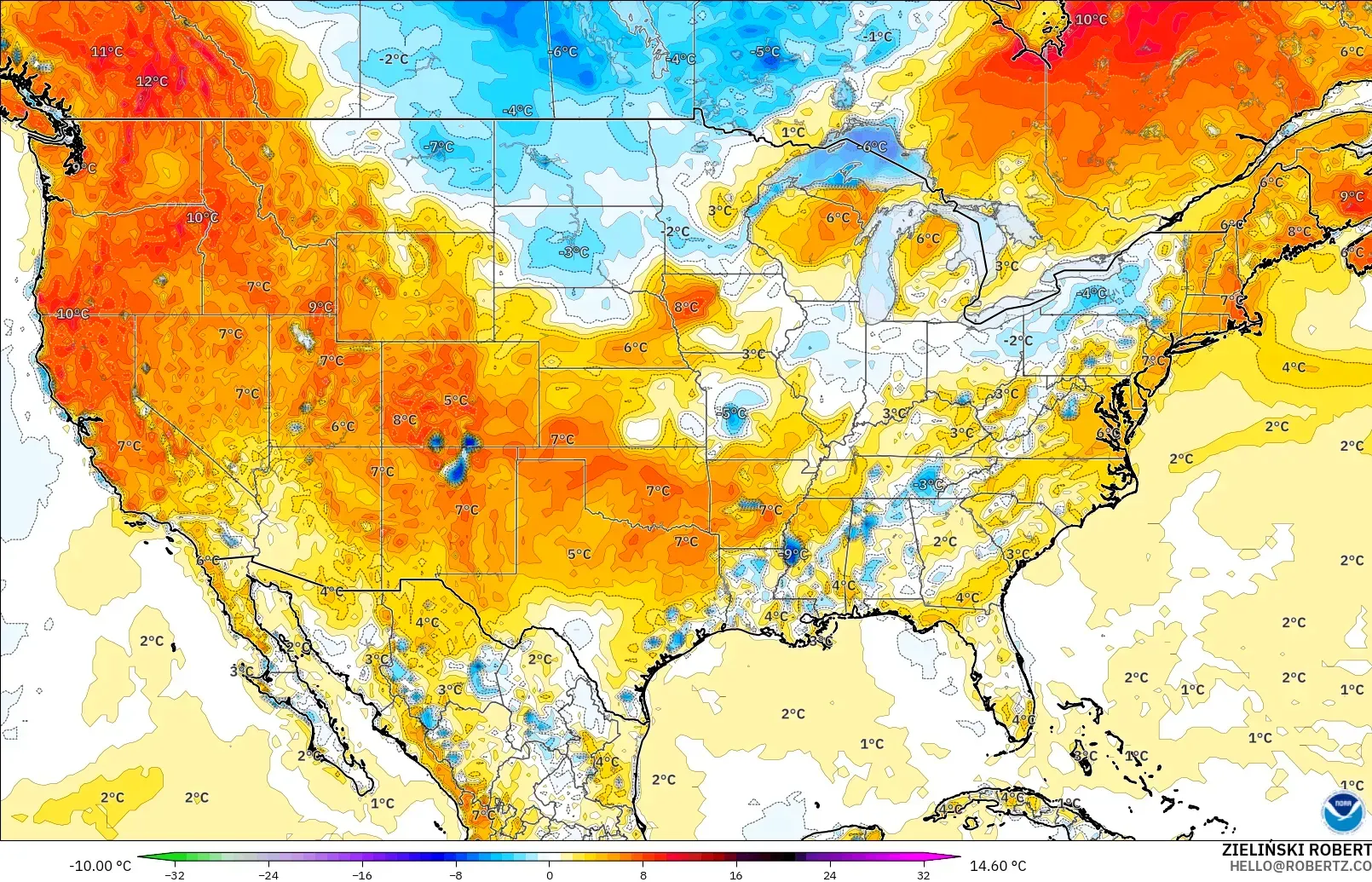GFS model - United States, Temperature at 2m Anomaly