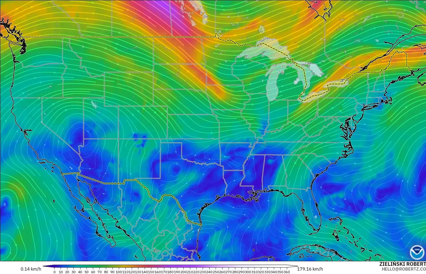 GFS model - United States, Wind at 300hPa (jet stream)