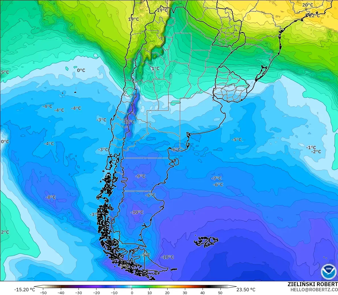 GFS model - Argentina, Temperature at 850hPa