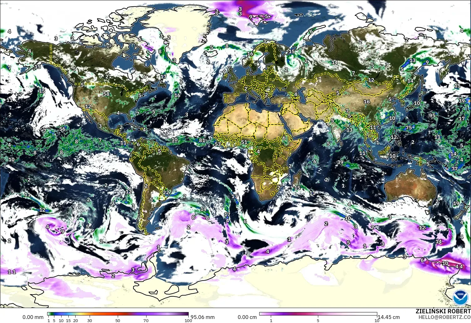 GFS model - World, Precipitation, Clouds, and Pressure