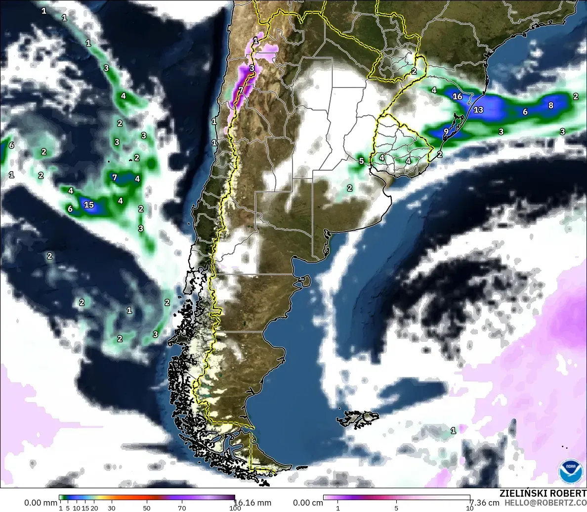 GFS model - Argentina, Precipitation, Clouds, and Pressure