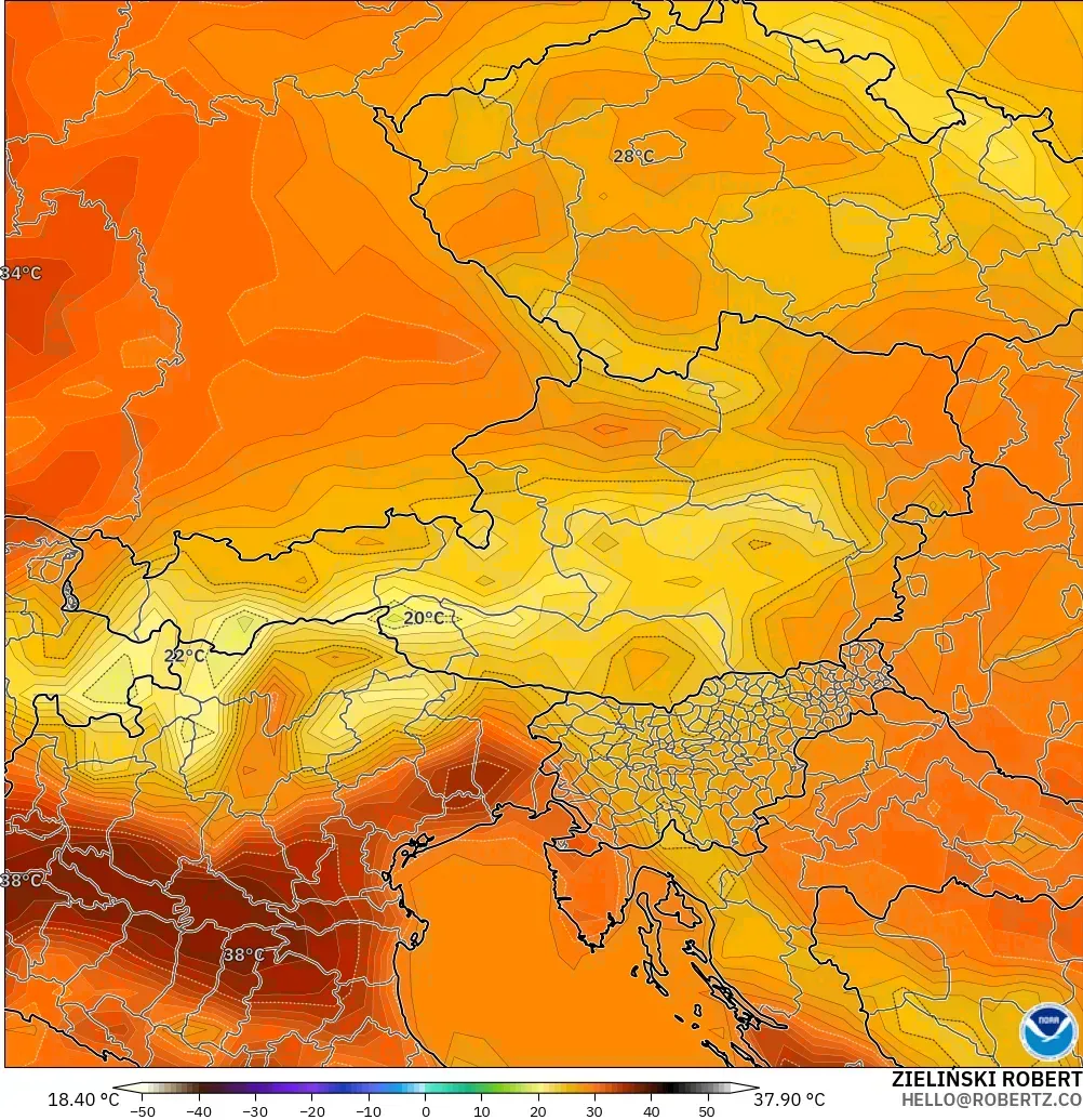 GFS model - Austria, Temperature at 2m