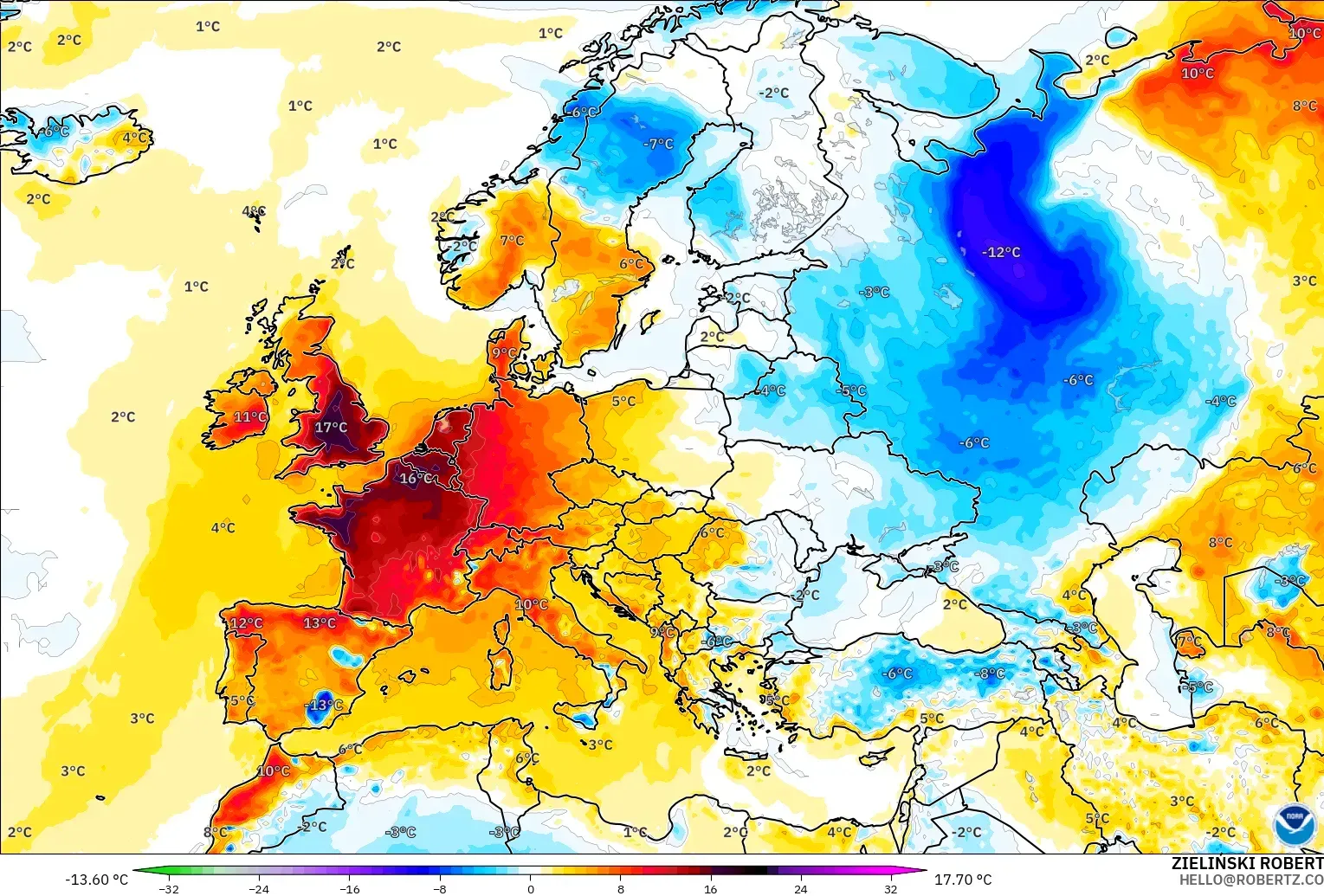 GFS model - Europe, Temperature at 2m Anomaly